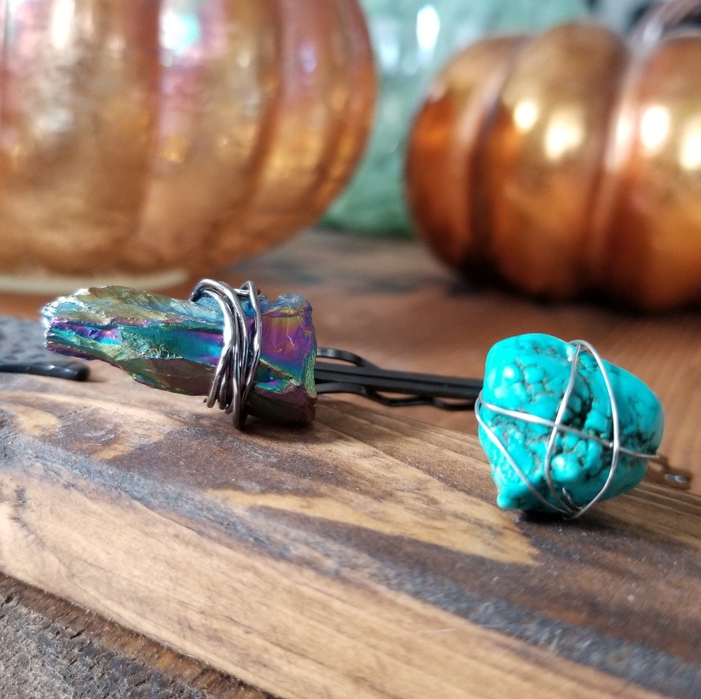 🌊New!🌊Tourquoise and Rainbow Crystal Hair Pins
